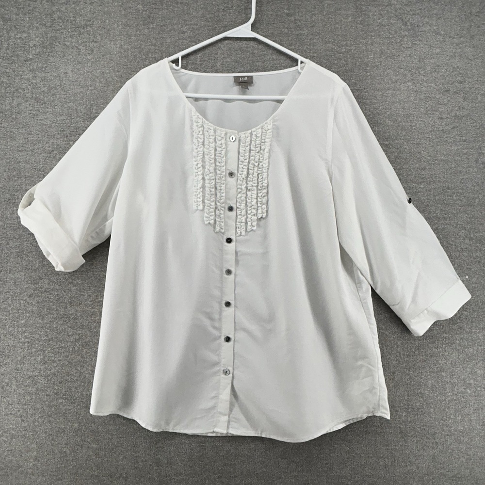 J Jill‎ Tunic Top Women Size Large White Casual Roll Tab Sleeve Button Up